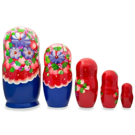 Set of 5 Flowers on Red Scarf Wooden Nesting Dolls 7.25 Inches {3}