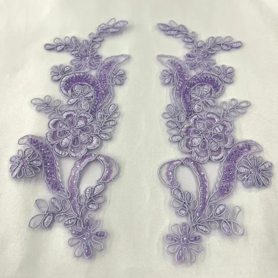 1 Pair Beaded & Corded Floral Lace Applique 9" x 2.5" Each Side Lilac {1}