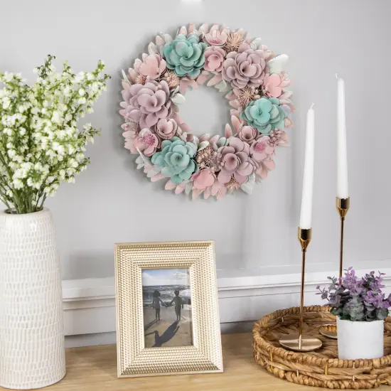 Northlight Wooden Floral Artificial Spring Wreath with Thistles- 13.5" - Pink and Blue {4}