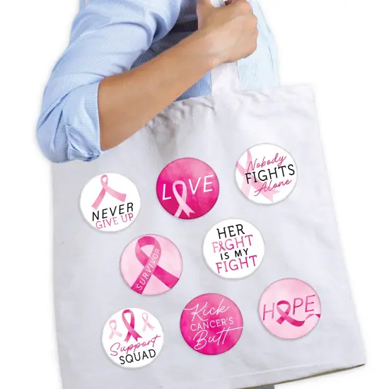 Big Dot of Happiness Pink Ribbon Buttons - Breast Cancer Awareness Support Badge - 3 inch Pinback Button - Set of 8 {3}