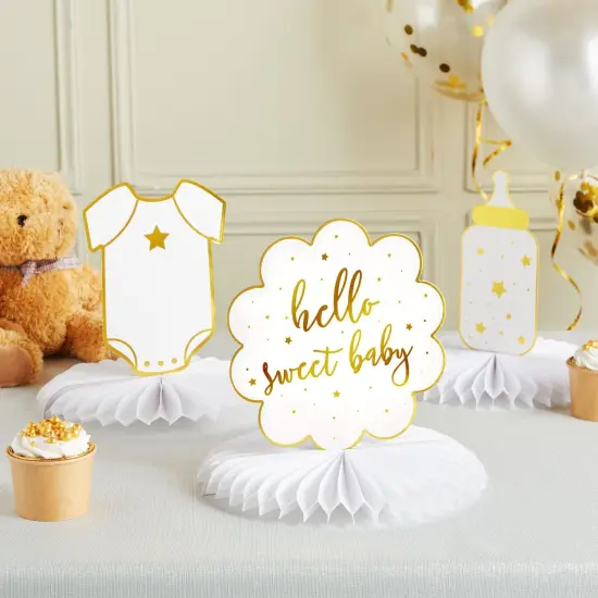 Sparkle and Bash Hello Sweet Baby Table Centerpieces, Honeycomb Gender Neutral Baby Shower Decorations (White and Gold Foil, 6 Pack, 3 Designs) {2}