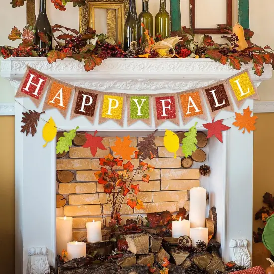 Happy Fall Burlap Banner Colorful Maple Leaf Glitter {5}