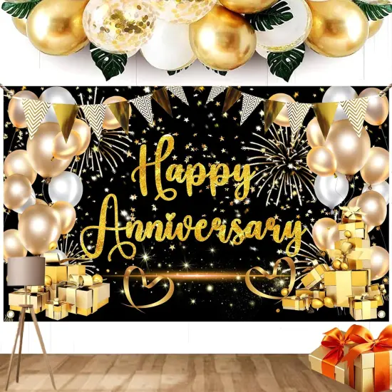 Happy Anniversary Banner Black and Gold Decorations for Party Supplies {1}