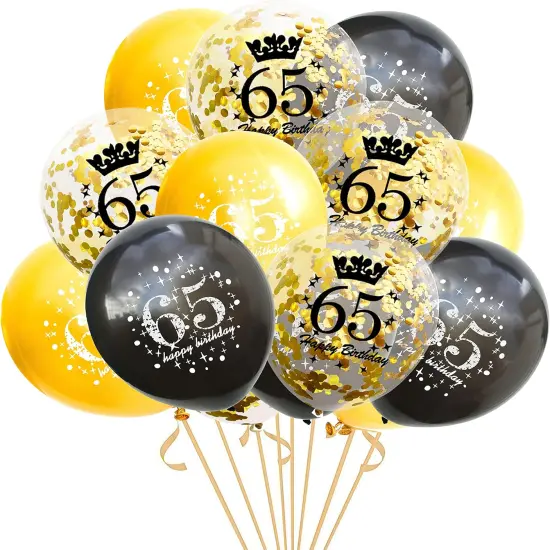 65th Birthday Balloon 65 Years Black Gold Latex Confetti Printed Number Balloons Men And Women Happy Birthday Theme Party Decorations 15 Pieces 12 Inch {1}