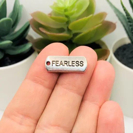 Silver Fearless Word Bar Tag Charms, 8x21mm {2}