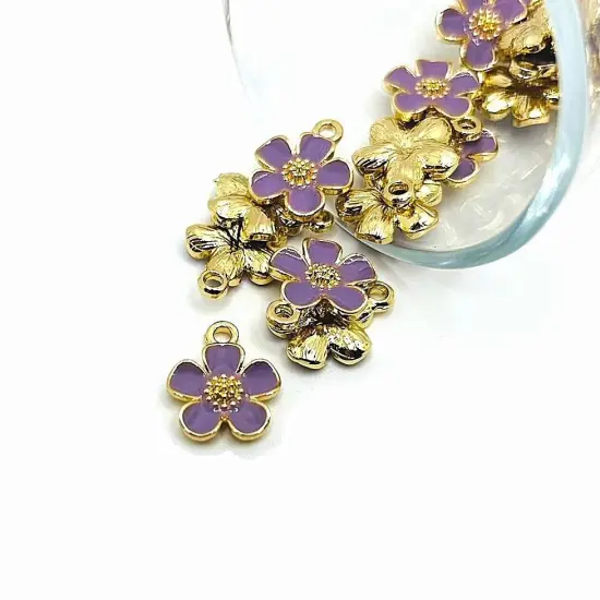 Purple and Gold Flower Charms, 16x13mm {1}