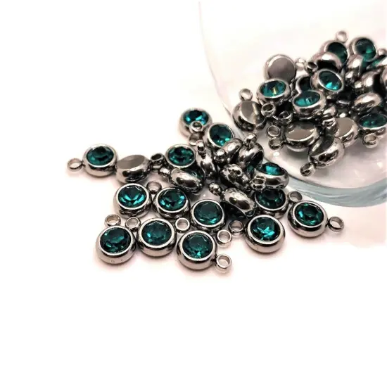 201 Stainless Steel, Aqua Blue December, Blue Zircon Birthstone Rhinestone Charms, 8x6mm {1}