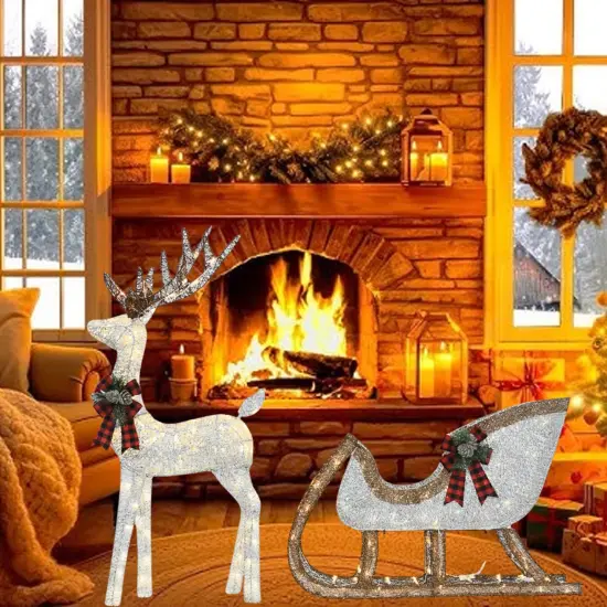 Light-Up Silver Deer & Sleigh 48" Deer Pulling 38" Sleigh Holiday Decoration {5}