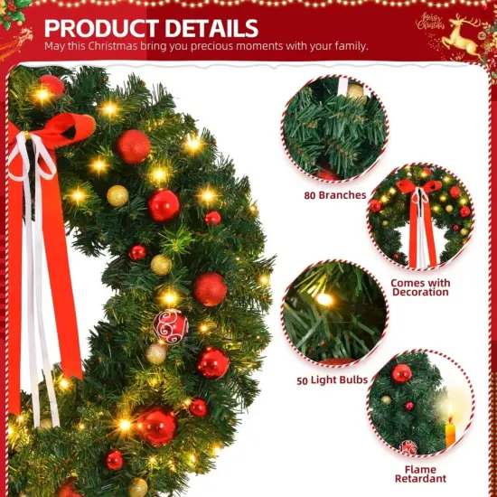 Kitcheniva Pre-Lit 24" Christmas Wreath With 50 LED Lights Bows Wall Decor {2}