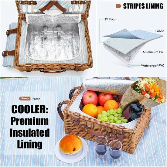 Picnic Basket Set for 2 Persons, Willow Hamper with Large Insulated Cooler Compartment, Waterproof Blanket and Cutlery Service Kit-Classical Brown {5}