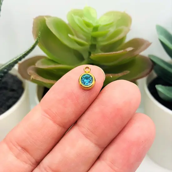 303 Stainless Steel, 18k Gold, Light Blue March Birthstone Rhinestone Charms, 8x6mm {2}