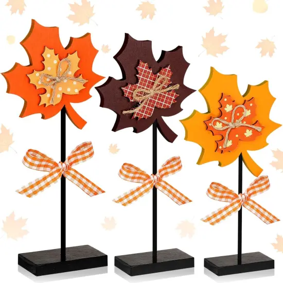 3 Pieces Large Fall Maple Leave Wooden Tabletop Sign Decor {1}