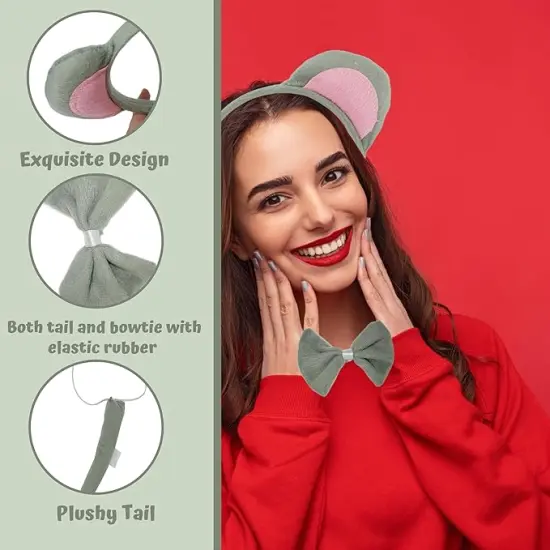 4E's Novelty Mouse Costume Set 3 Pcs for Kids & Adults - Mouse Ears Headband, Bowtie & Tail Cosplay Kit - Halloween, Party, Dress Up Accessories for Girls, Boys, Men, Women, Pets {4}