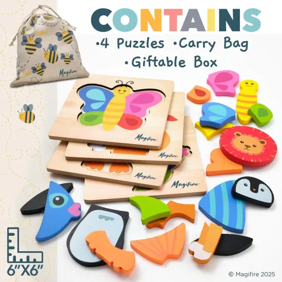 Magifire Wooden Puzzles, Set of 4 Montessori Style Toys for 1 Year Old, Toys for Toddlers 1-3, Baby Wood Toys with Chunky Pieces with Bag - Butterfly, Lion, Fish, Penguin, 6x6 inches {3}
