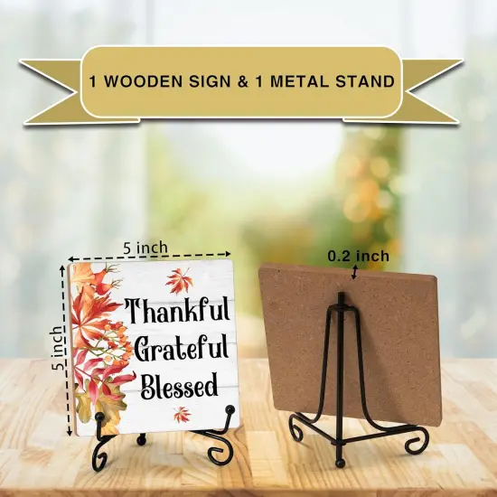 Fall Thankful Grateful Blessed Sign Tabletop Decor With Stand {2}