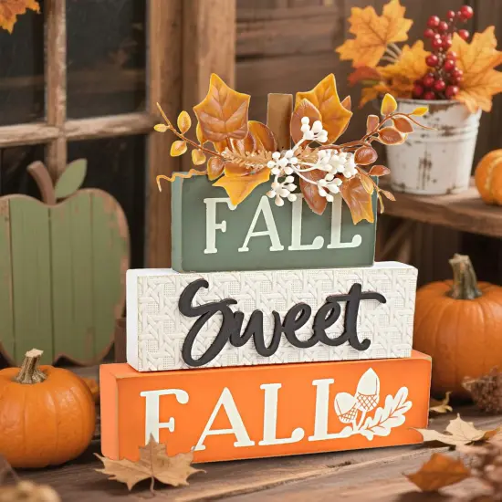 Rustic Wooden Maple Leaf Block Sign Tabletop Decor {2}