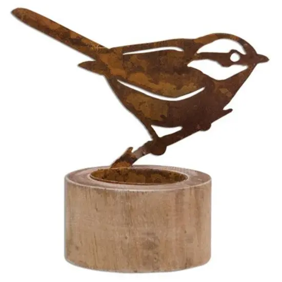 Brown Metal Bird Tealight Holder and Rustic Wood Base with Cut-out Design {1}