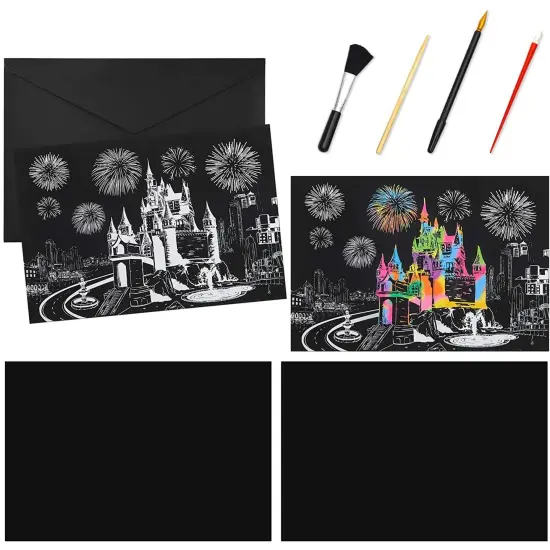 Rainbow Scratch Paper Kit, Whimsical Castle CityScape, Sketch DIY Art Craft, 2 Pcs Castle Designs, 2 Blank Sheets, 4 Tools (16.3 x 11 In) Black {5}