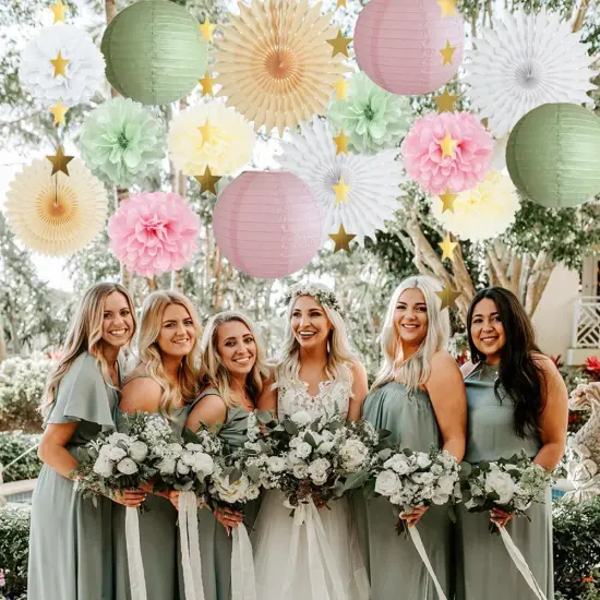 Sage Green and Pink Party Decorations Paper Lanterns Decorative Pink Gold Tissue Paper Pom Poms Sage Green Party Decorations Gold Star Garland for Baby Shower Bridal Shower Birthday Wedding Engagement {5}