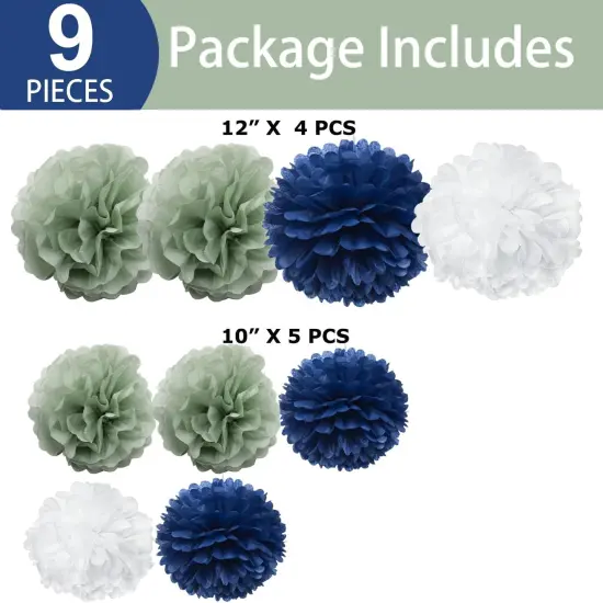 Navy Blue Sage Green Living Room Wall Decor - Hanging Tissue Pom Poms Paper Flowers Backdrop Boho Boy Baby Shower Nursery Bedroom Wedding Bridal Shower Party D&eacute;cor, 9PCS {2}