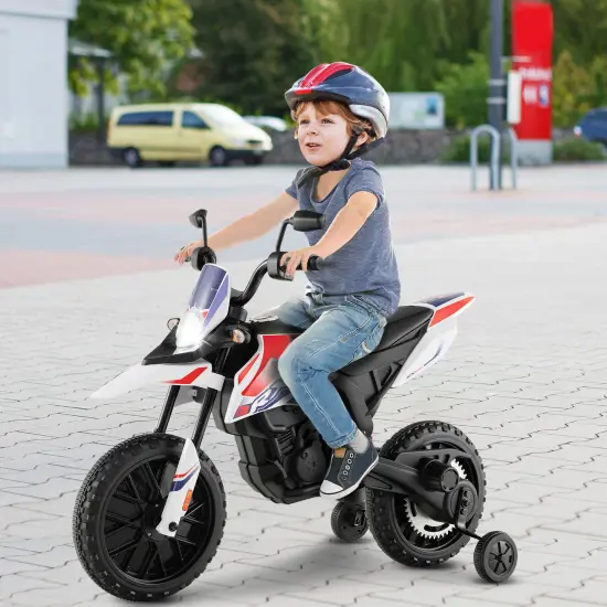 Metal 12V Kids Motorcycle with Dual Motors, Music and Training Wheels White {2}