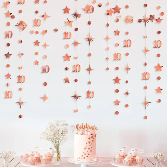 Rose Gold 10th Birthday Decorations Number 10 Circle Dot Twinkle Star Garland Metallic Hanging Streamer Bunting Banner Backdrop for Girls Boys Ten Year Old Birthday 10th Anniversary Party Supplies {5}