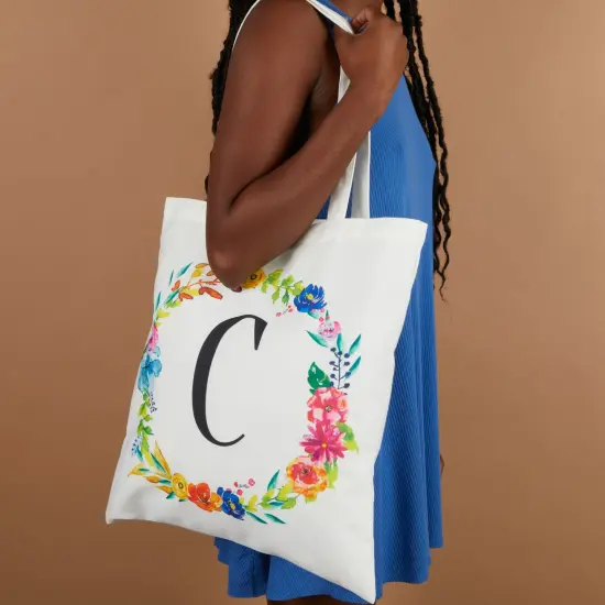 Set of 2 Reusable Monogram Letter C Personalized Canvas Tote Bags for Women, Floral Design (29 Inches) White {3}