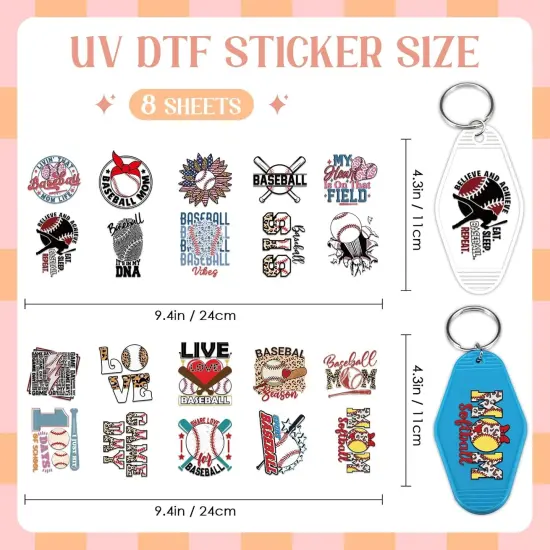 Keychain UV DTF Wraps Stickers - 8 Sheets Baseball Enthusiast Uvdtf Wrap Decals for Blank Keychain Decoration, Share Love Baseball Waterproof Transfer Stickers DIY Motel Keychain Craft Creative Decor {4}