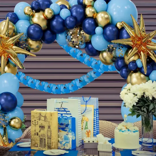 Blue Balloons Garland Arch Kit,142PCS Dark Blue Light Blue Gold Confetti Latex Metal Balloons Aluminum Foil Balloons {3}
