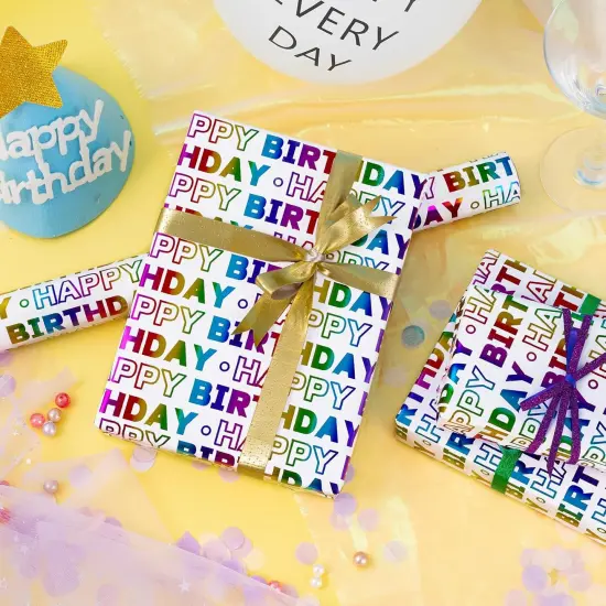 Birthday Wrapping Paper Roll, Happy Birthday Lettering Colorful Holographic Foil Design for Birthday, Baby Shower, Holiday Party Gift Wrap, Mini Roll, 17 inches x 16.4 Feet (23.2 sq.ft.) {4}