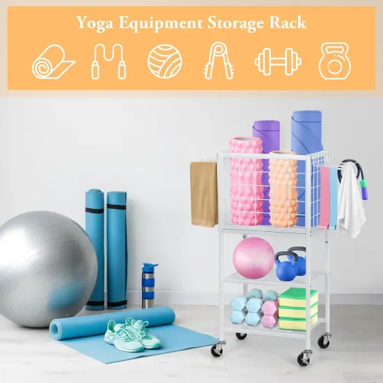 Modern Home Gym Weight White Rack with Wheels & Storage Hooks &ndash; 3-Tier Organizer for Dumbbells, Resistance Bands, Yoga Mat, and Fitness Accessories {4}