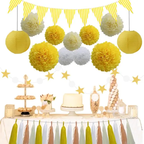 33pcs Party Decoration Supplies Set, Yellow Tissue Paper Pom Poms Flowers Paper Lanterns Tassels Hanging Garland Banner Triangle Flag Bunting for Birthday, Bridal, Baby Shower, Wedding Graduation {3}