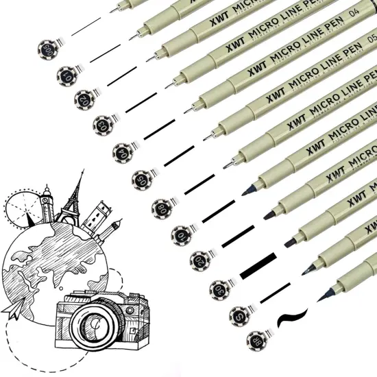 Micro Fineliner Pens 12 Size/Set, Ultra Fine Fineliner Pen, Chisel Pens, Brush Marker Pen, Water-based Black Pigment Ink, Drawing Journaling Doodle Supplies for Artists, Designers, Students {1}