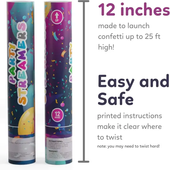 No Mess Streamer Confetti Cannon Party Poppers | 6 Pack | Multicolor Streamers | Glitter Bomb Confetti Shooters | Decoration for Birthday, Wedding | Launches 25 ft | 12 inch | {4}