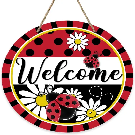 Summer Ladybug Front Door Sign, Daisy Flower Red Black Wood Door Hanger Outdoor Outside Porch Decor, Polka Dot Stripes Seasonal Wooden Wreath Indoor Wall Hanging Decoration {1}