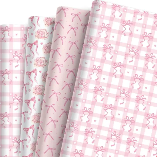 12 Sheets Pink Bow Wrapping Paper, Pink Floral Plaid Heart Bow Gift Wrap Paper I Love You Folded Flat Craft Paper for Valentine Wedding Baby Shower Supplies, 19.7 x 27.6 Inch {1}
