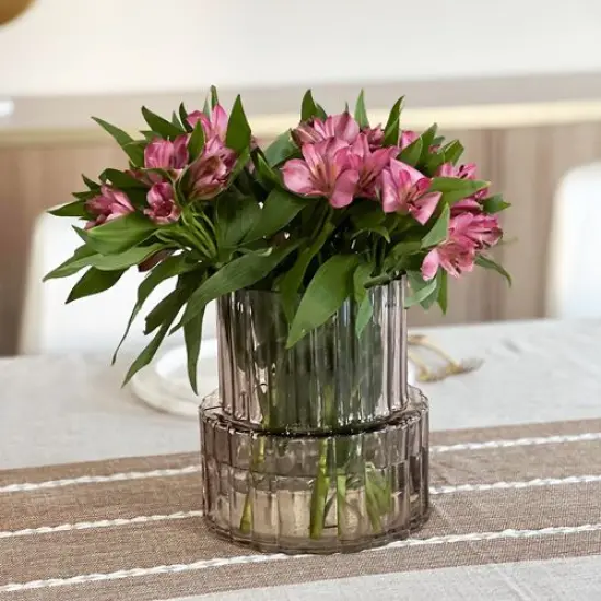 Wide Neck Short Amber Ribbed Glass Vase {1}