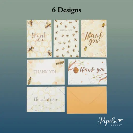 48 Pack Bee Thank you Cards Bulk, Bumblebee Honeycomb Design with Matching Yellow Envelopes for Baby Shower, Birthdays (4x6 In) {4}