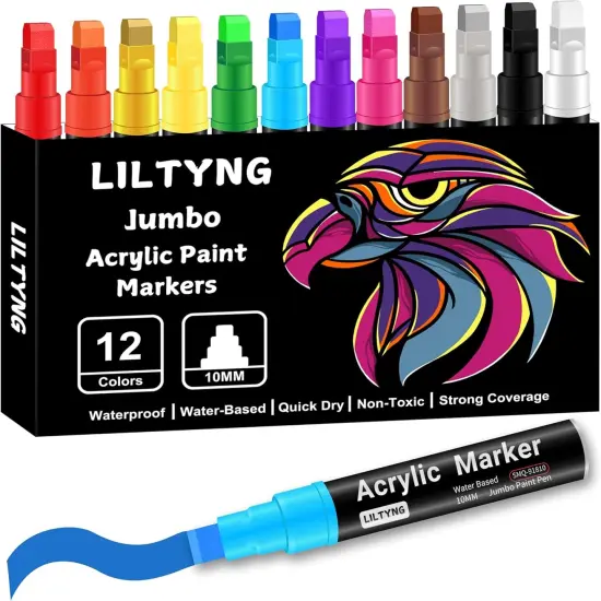 12 Colors Jumbo Markers, 10mm Jumbo Felt Tip, Acrylic Paint Pens Markers for Rock Painting, Poster, Stone, Ceramic, Glass, Wood, Canvas {1}