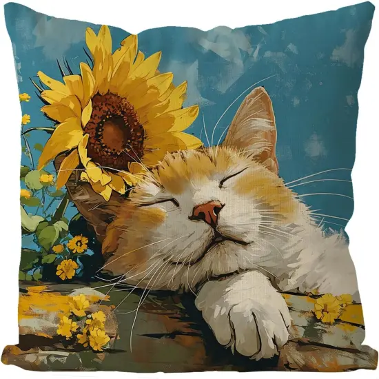Spring Pillow Covers 18x18 Inch Orange Cat Sunflowers Throw Pillowcase Summer Home Sofa Bedroom Living Room Holiday Cushion Case Modern Decorations {1}