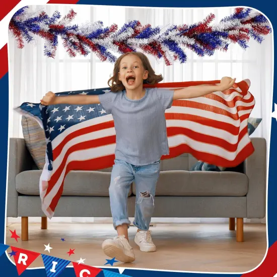 4th of July Garland with 30 Fairy Light Independence Day Red White and Blue Pine 6Ft Patriotic Cedar Garland Decoration for Memorial Day Flag Stairs Fireplace Mantel Decor {5}
