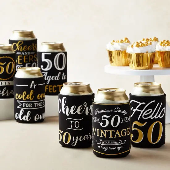 12 Pack 50th Birthday Can Cooler Sleeves for Soda, Beverages - Cheers and Beers to 50 Years Decorations and Party Favors for Women, Men (Black and Gold, 2.5x4 in) {2}