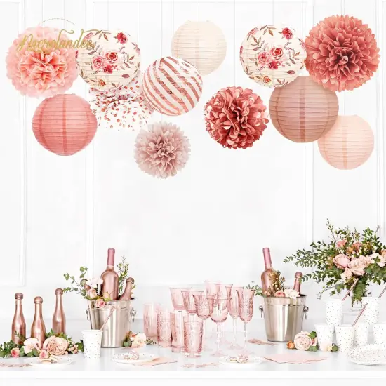 Wedding Party Decorations, 12 PCS Rose Pink Floral Paper Lanterns Tissue Pom Poms Backdrop Decoration for Pink Boho Wedding Bridal Shower Birthday Tea Party Decor {5}