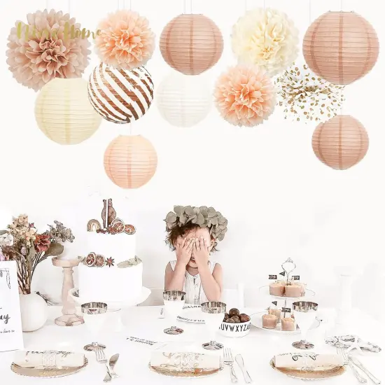 Wedding Party Decorations, 12 PCS Creamy White Tissue Paper Pom Poms and Lanterns Set, Champagne Paper Flowers for Engagement Receptions, Boho Bridal Showers Party Supplies {4}