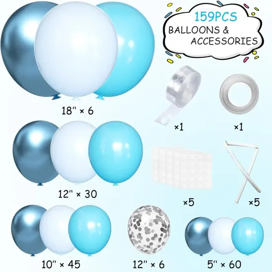 Blue Balloons Garland Arch Kit, 147 Pcs Metallic Macaron Light Blue and Confetti Silver Balloons for Baby Shower Birthday Wedding Ocean Themed Party Background Decoration {2}