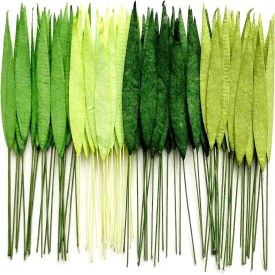 50 pcs. Mixed Tone Green Grass Leaves with Wire Stems 8 mm Mulberry Paper Leaves Craft Supplies Scrap Booking Embellishments for so Many Card Craft Projects {3}
