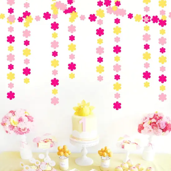 Hot-Pink Yellow Fall Party-Decorations Streamers-Garland - 52ft Boho Flower Hanging Paper Banner, Groovy Birthday Baby Bridal Shower Bachelorette Wedding Classroom Decor {4}