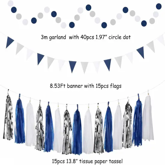 Navy-Blue White-Silver Graduation Party-Decorations - 33pcs Kits Banner, Streamers Tassel Garland,Tissue Pom Poms Honeycomb, Paper Lantern Fans,Wedding Birthday Baby Shower Backdrop Decor Hugtmr {3}