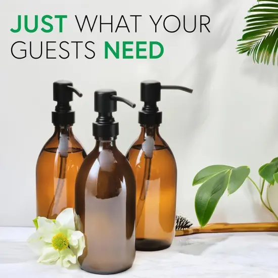 ECO Amenities 3 Pack Amber Glass Soap Dispenser Pump, 16.9 fl oz. (500mL), Modern Vintage Bottles for Bathroom & Kitchen, Ideally Used at Home, Hotel, Gym, Motel, Short Term AirBnb Rental, and VRBO {5}