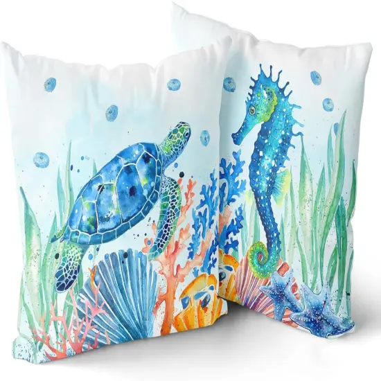 Coastal Ocean Pillow Covers Set of 2-18"x18" Sea Turtles Seahorse Decorative Throw Pillow Cases- Watercolor Marine Animals Double Sided Square Cushion Covers for Sofa Couch Bed Car {1}